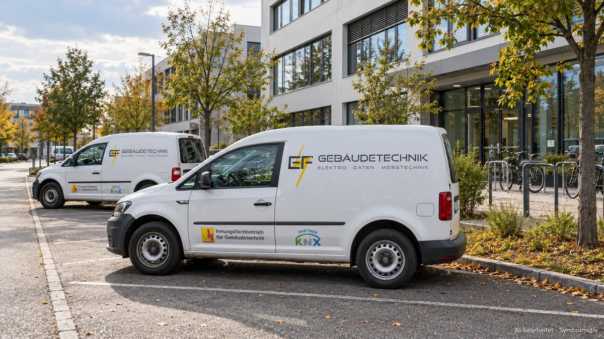 Zwei EF-Servicefahrzeuge auf einem Büroparkplatz