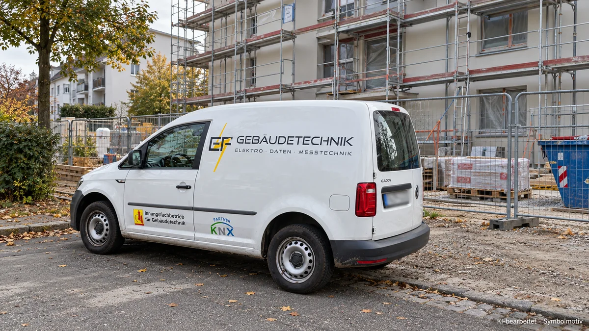 EF-Caddy neben einem eingerüsteten Gebäude