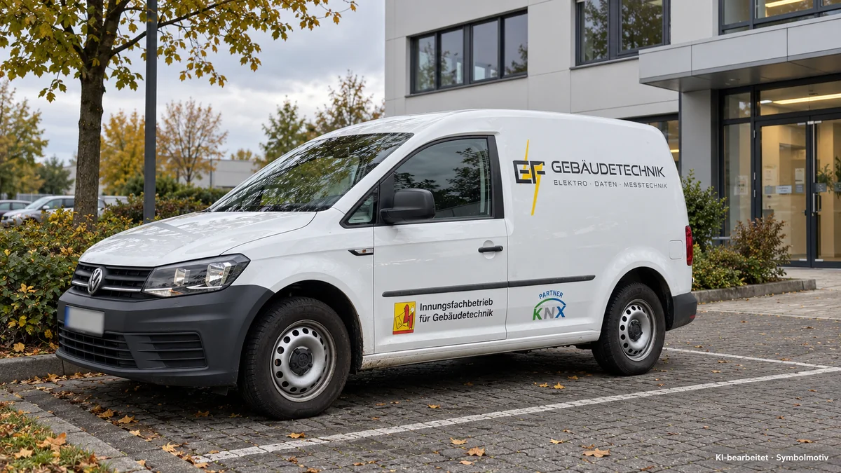 EF-Caddy vor einem Verwaltungsgebäude