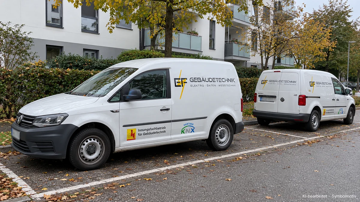 Zwei weiße EF-Caddys vor einem Wohngebäude