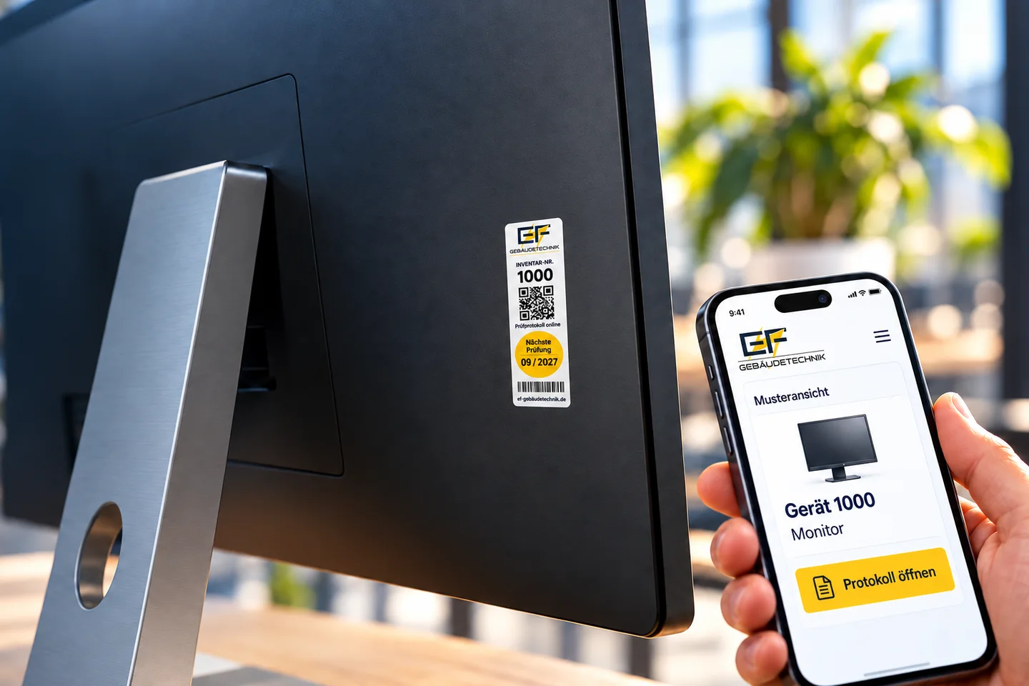 KI-Symbolbild: Monitor mit Inventarkennzeichnung und Smartphone mit einer beispielhaften Geräteansicht