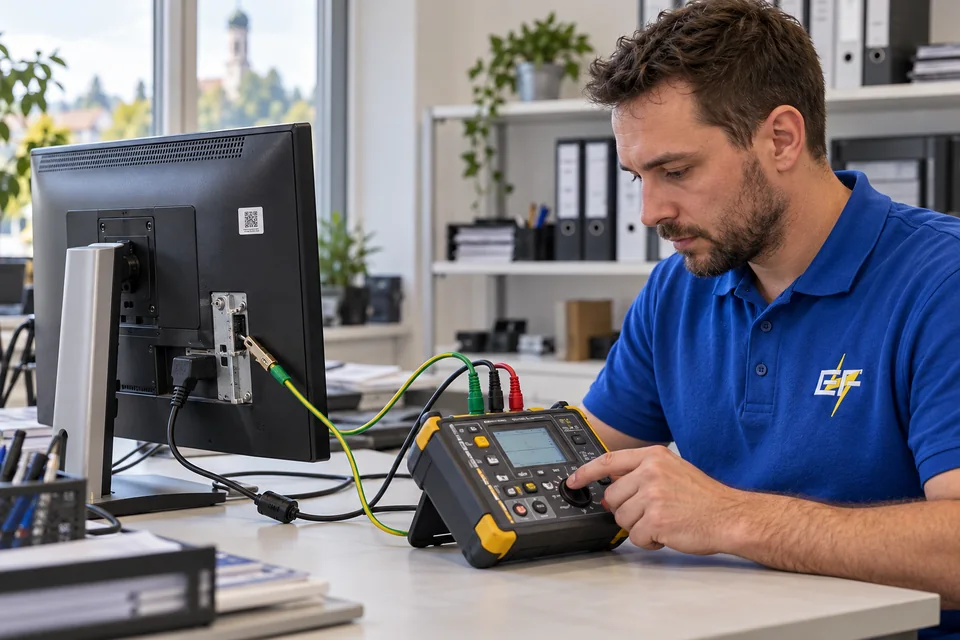 Prüftechniker mit Gerätetester an einem Monitor