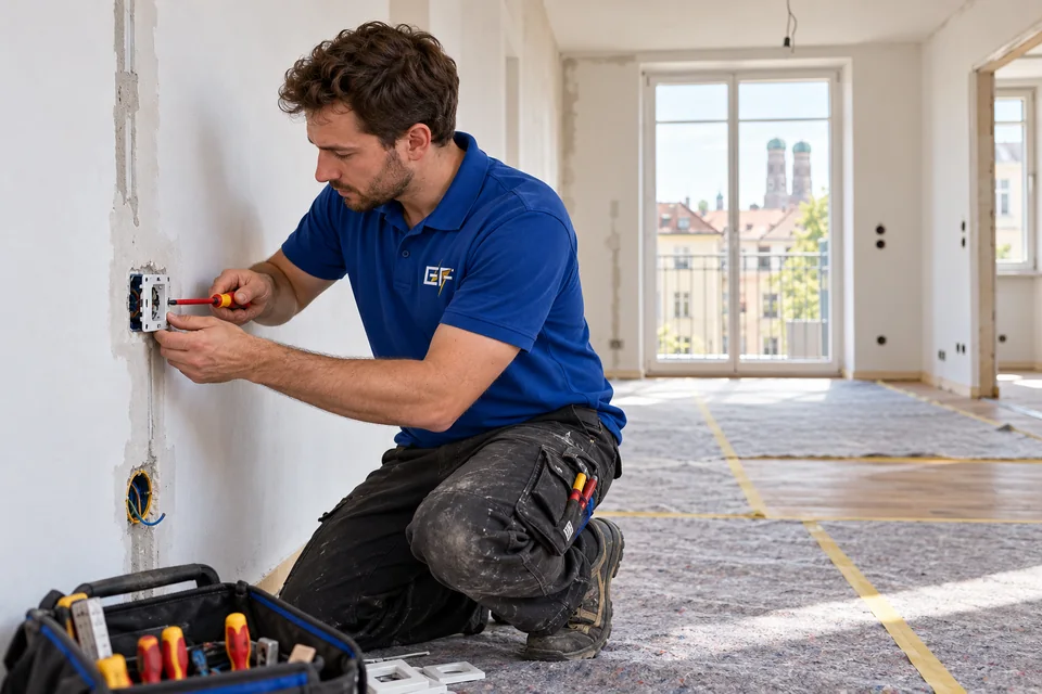 Elektrotechniker bei der Montage einer Steckdose während einer Wohnungsrenovierung