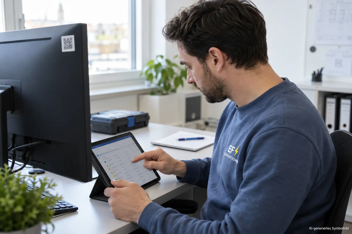 Digitale Inventarliste und kleiner Geräteaufkleber am Monitor